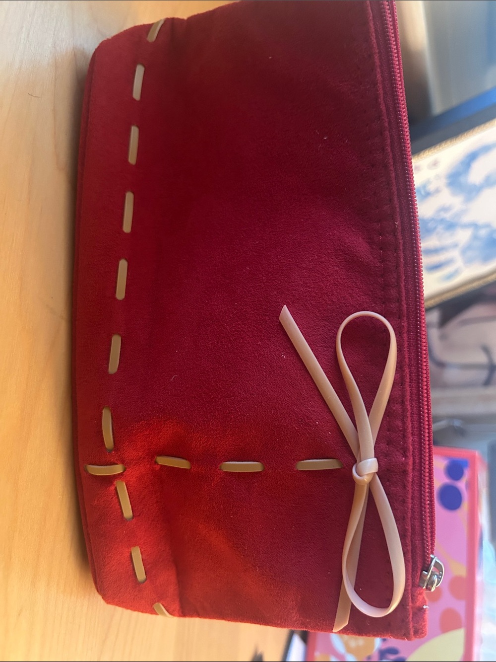 New Lancôme Red Suede Makeup Bag Pouch with Bow